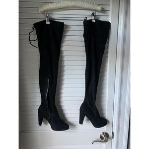 Faux suede heeled knee high boots